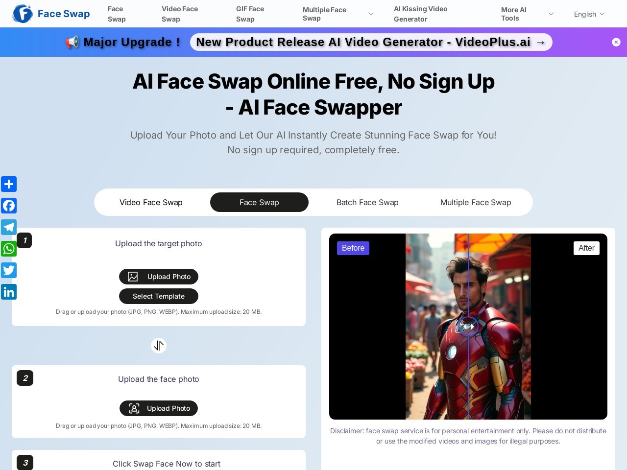 Free AI Face Swap官网 – 在线换脸工具，无需注册