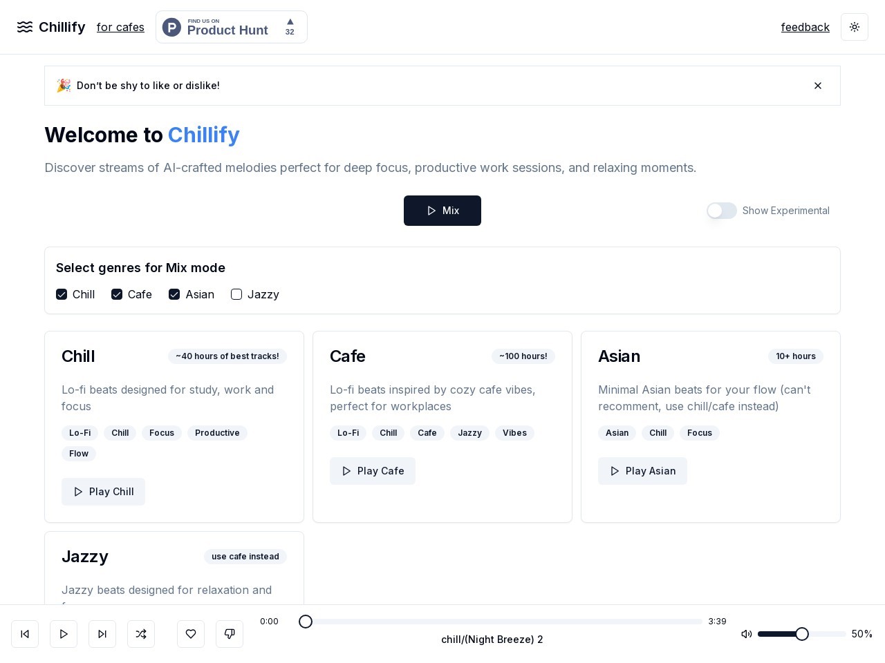 Chillify官网 – 提供无尽的AI生成LoFi音乐