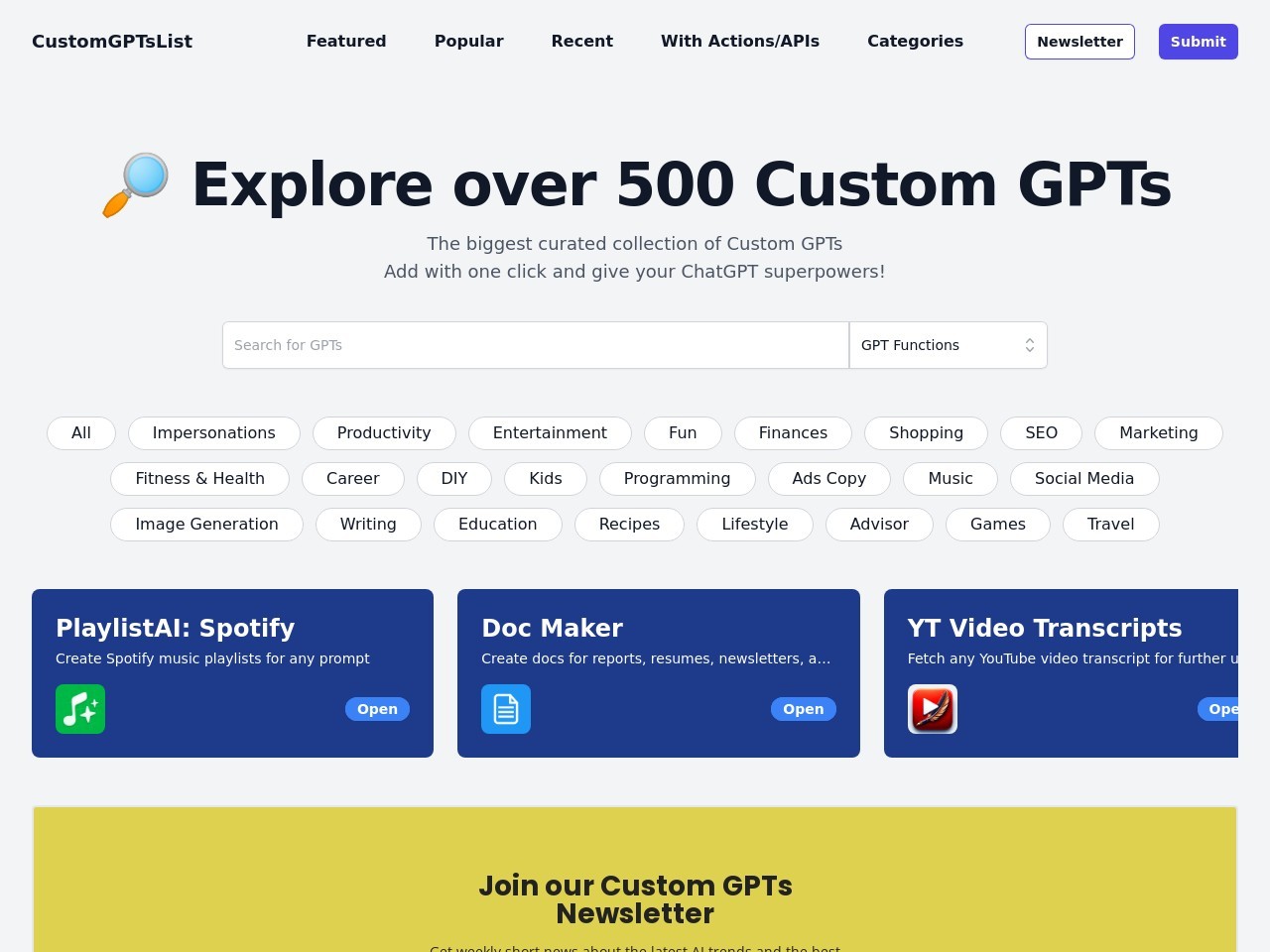 Custom GPTs List官网 – 最大自定义GPTs集合平台