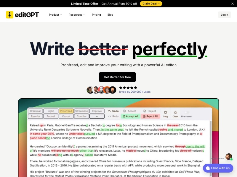 Proofread, edit and track changes to your content using ChatGPT. | editGPT
