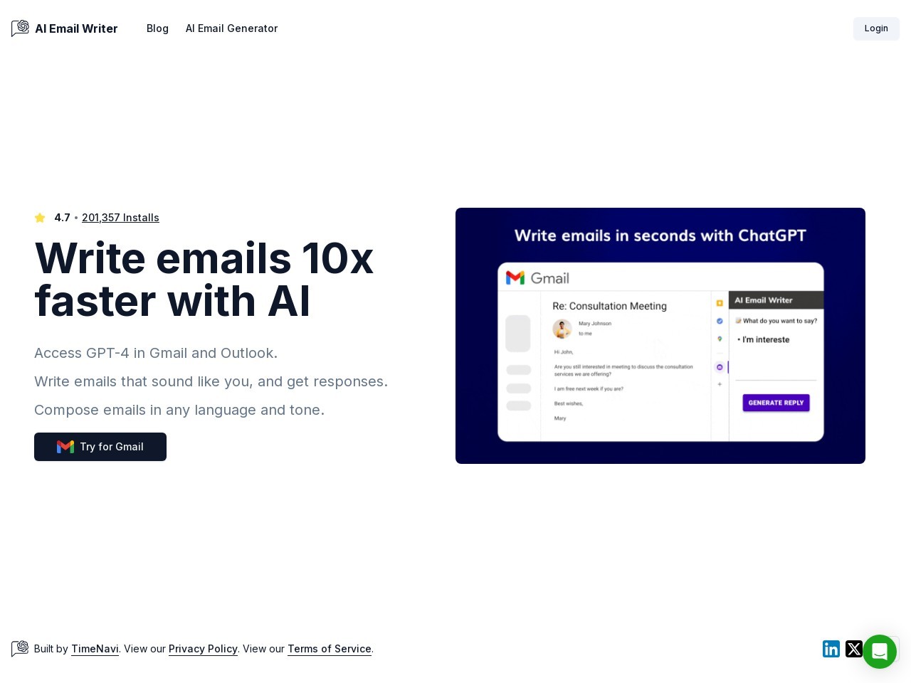AI Email Writer for Gmail官网 – 使用最新GPT在Gmail中撰写邮件
