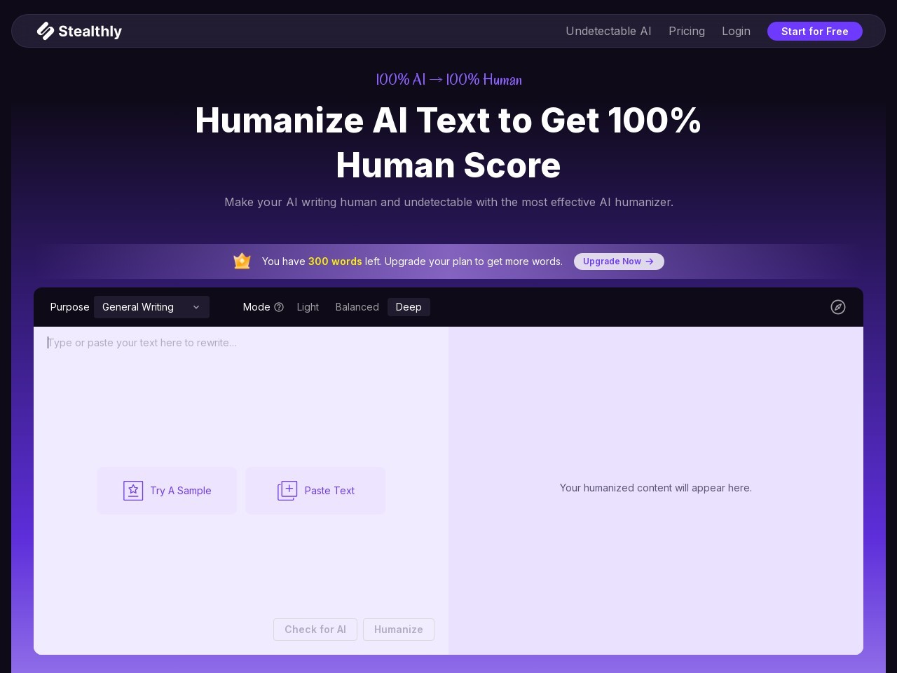 Stealthly AI Humanizer官网 – 让AI生成的文本更具人性化