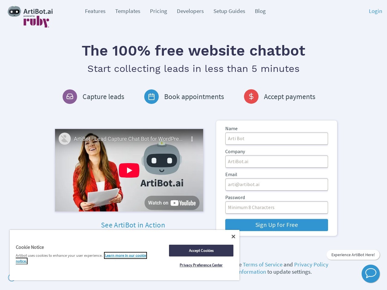 ArtiBot AI官网 – 智能聊天机器人，助力服务网站