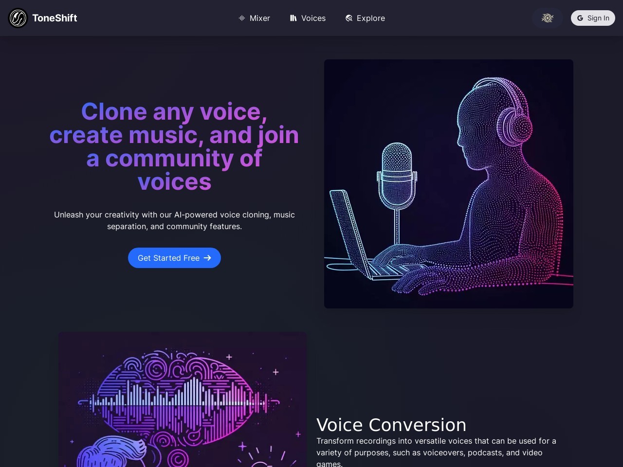 ToneShift官网 – AI驱动的声音克隆与音乐分离平台